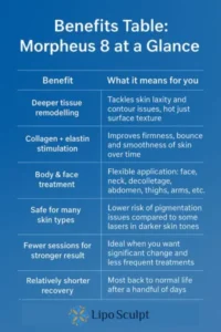 How Often Can I have Morpheus 8? 3 Table showing the benefits of Morpheus 8 treatment from Lipo Sculpt Lincolnshire